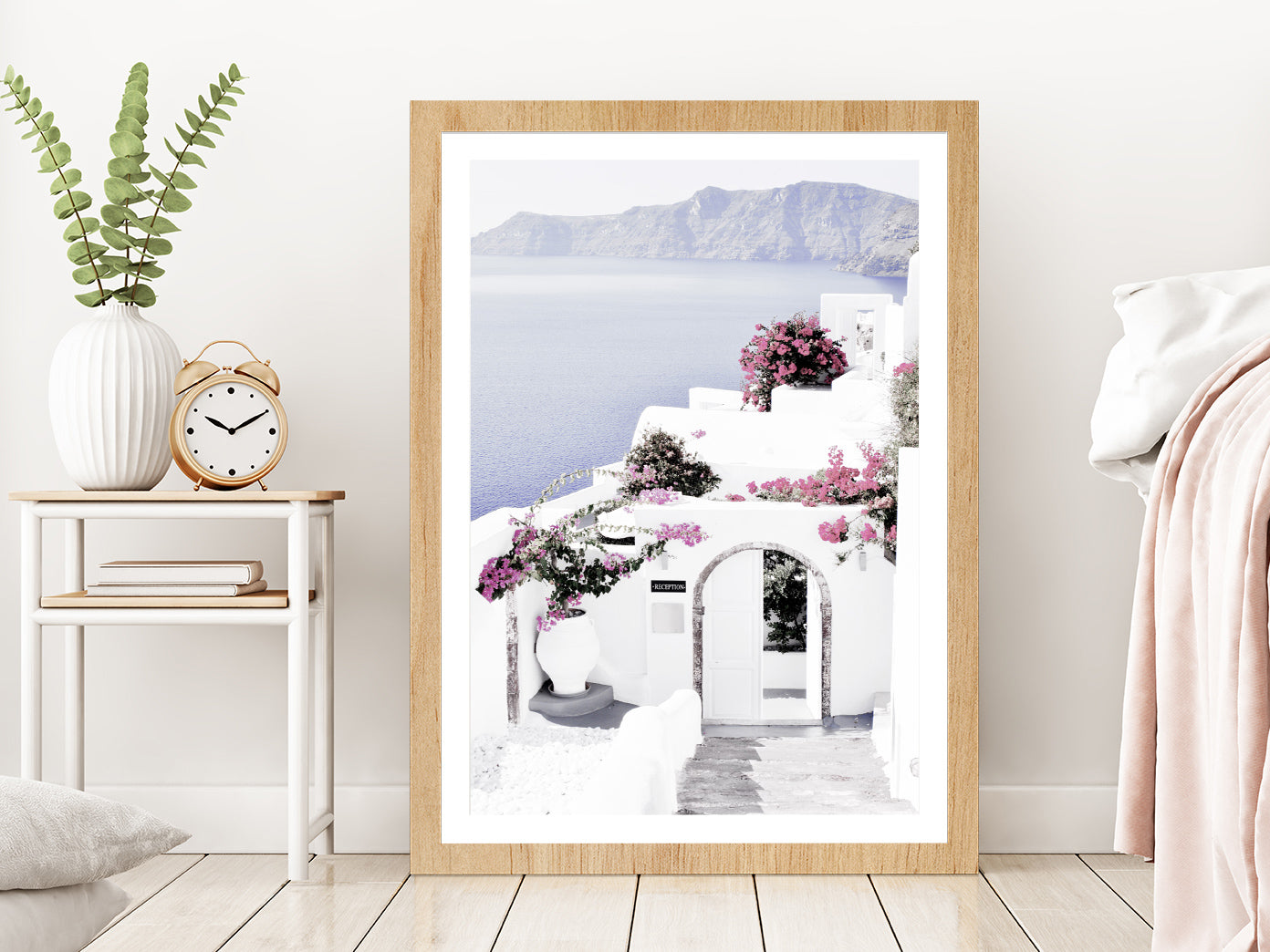 Houses & Flower Trees near Sea Photograph Glass Framed Wall Art, Ready to Hang Quality Print With White Border Oak