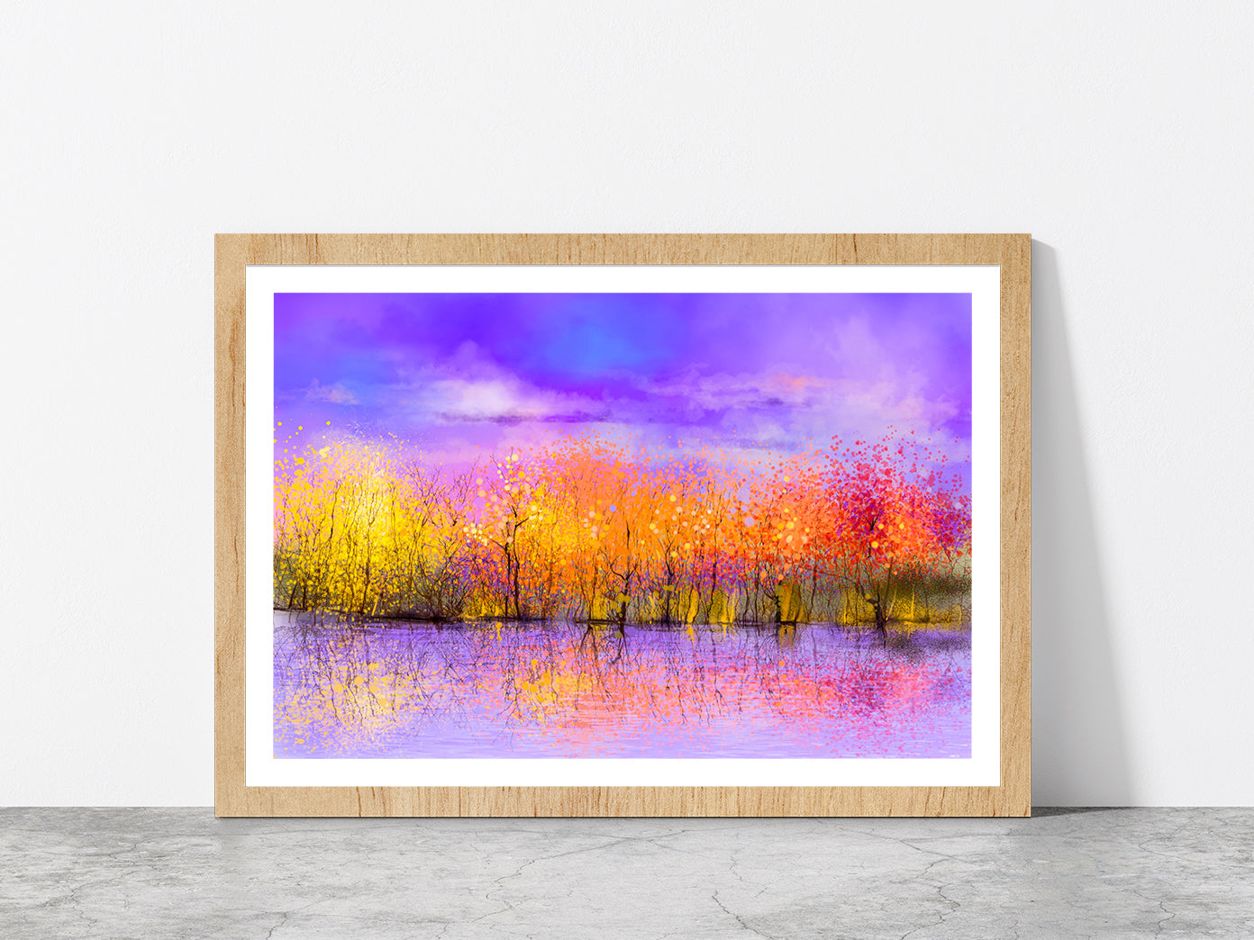 Colorful Autumn Forest, Trees With Yellow, Red Leaf & Lake Glass Framed Wall Art, Ready to Hang Quality Print With White Border Oak