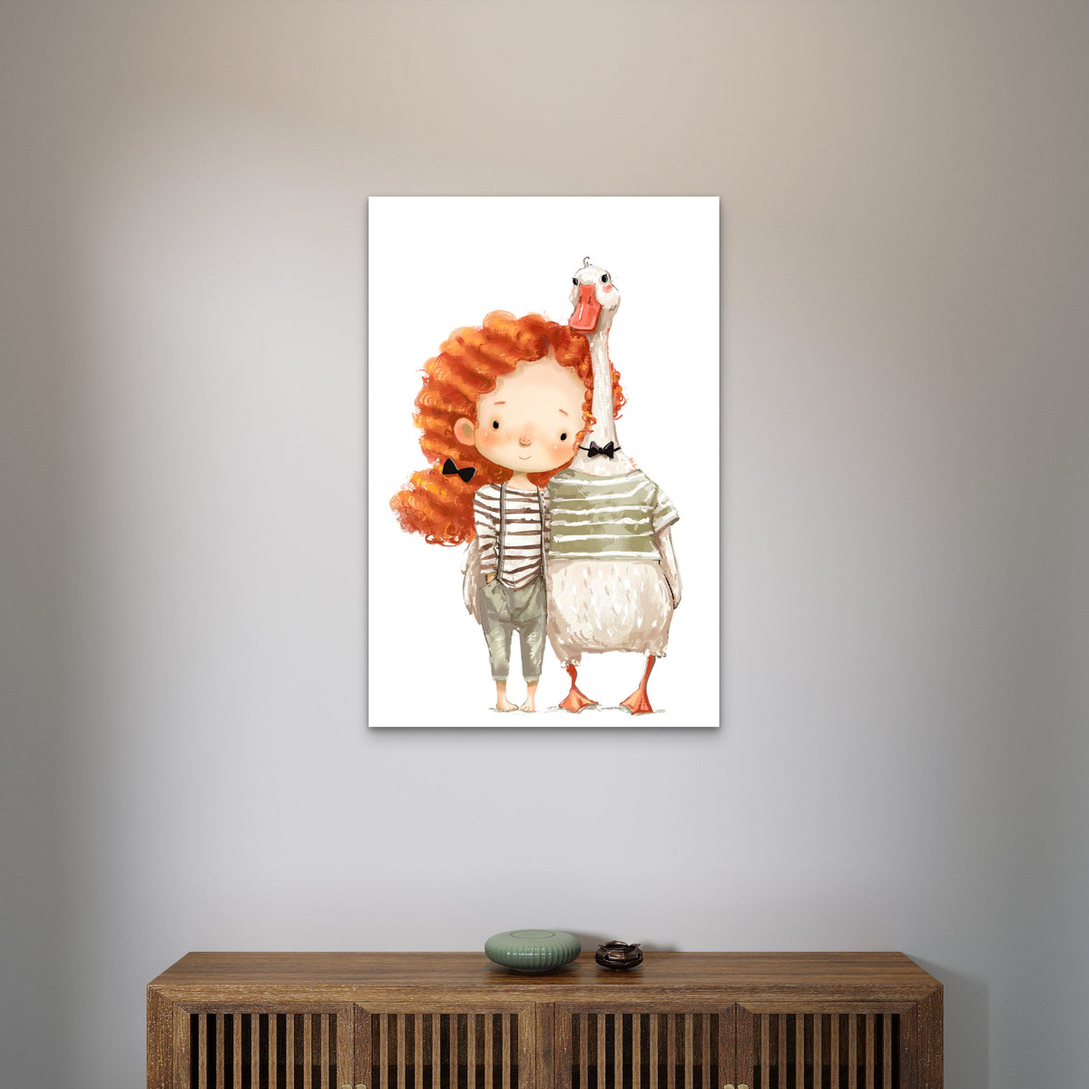 Red Hair Girl and Pet Goose 60x90cm Metal Print Ready to Hang