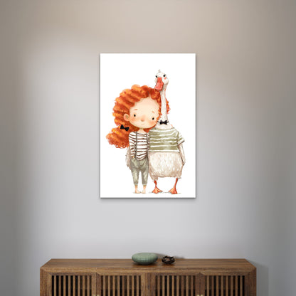 Red Hair Girl and Pet Goose 60x90cm Metal Print Ready to Hang
