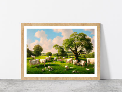 Countryside In Summer With Dairy Cows Eating In The Shade Of A Tree Glass Framed Wall Art, Ready to Hang Quality Print With White Border Oak