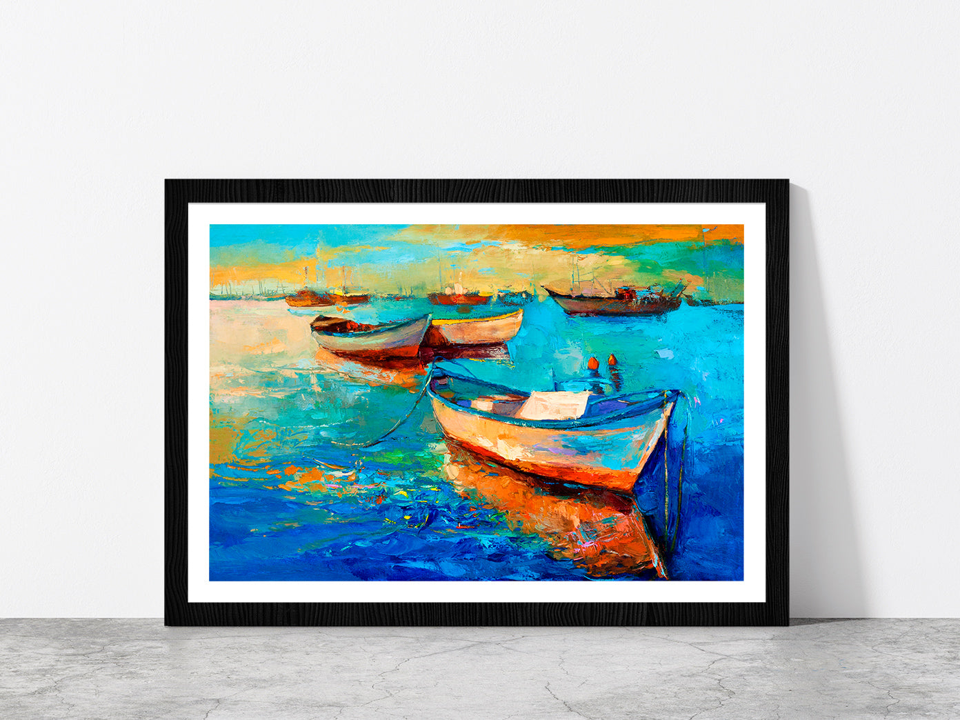 Boats On Sea & Sunset Over The Sea Painting Glass Framed Wall Art, Ready to Hang Quality Print With White Border Black