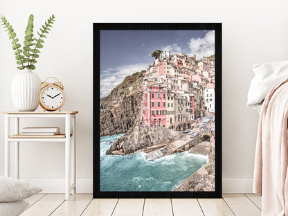 Cinque Terre City & Coastal View Photograph Glass Framed Wall Art, Ready to Hang Quality Print Without White Border Black