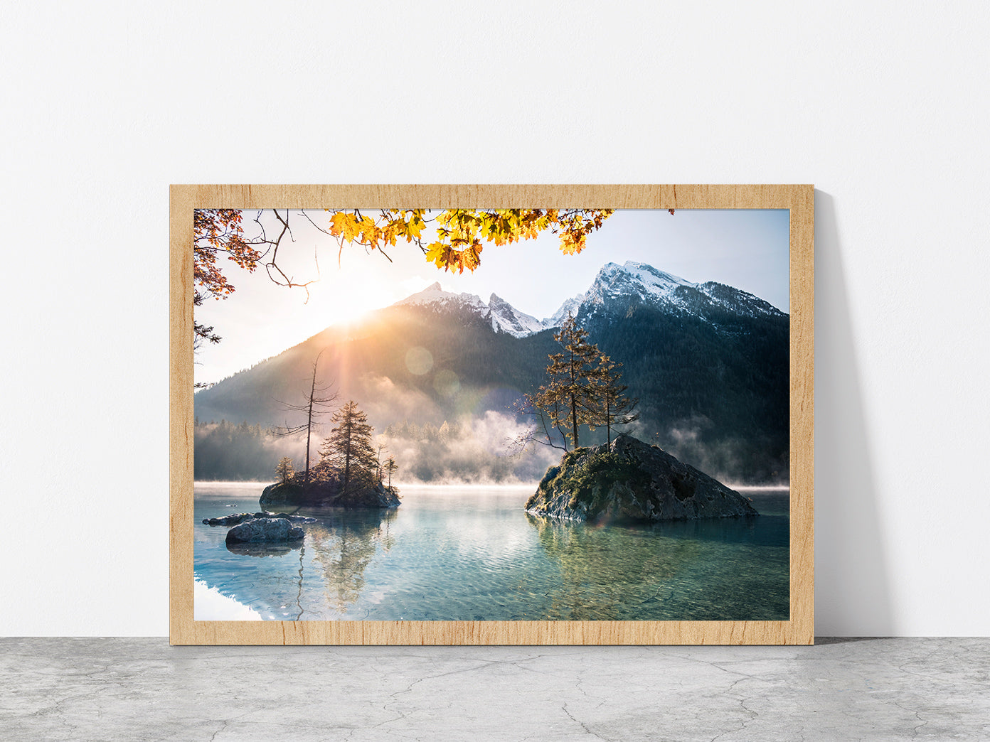 Islands At Hintersee Foggy Day Glass Framed Wall Art, Ready to Hang Quality Print Without White Border Oak