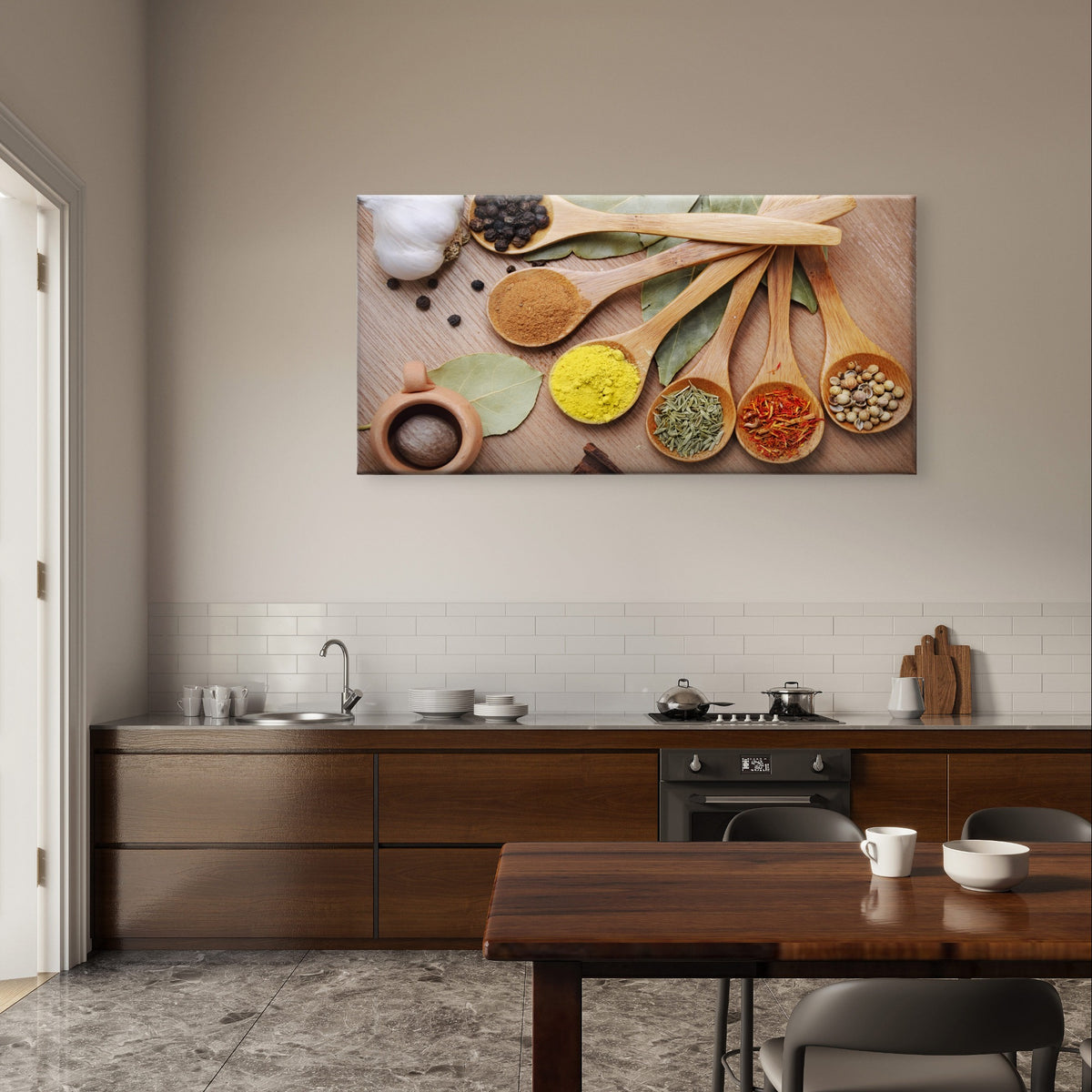 Kitchen Cooking Spices Herbs Wooden Spoon Culinary Wall Art Canvas Office Home Framed 120x60cm