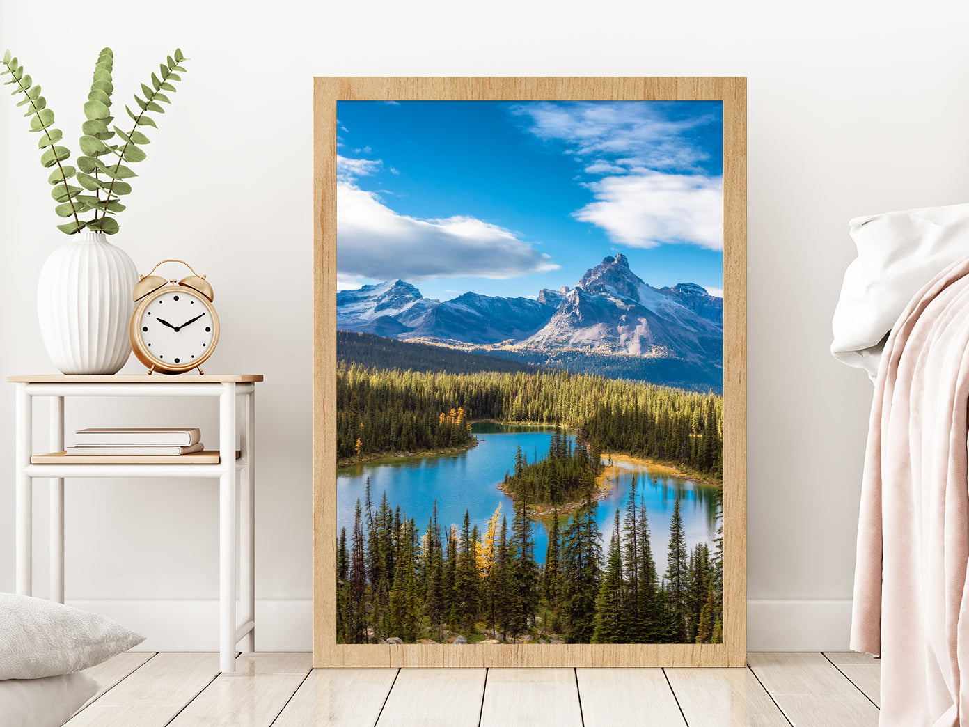 Glacier Lake & Canadian Mountains Glass Framed Wall Art, Ready to Hang Quality Print Without White Border Oak