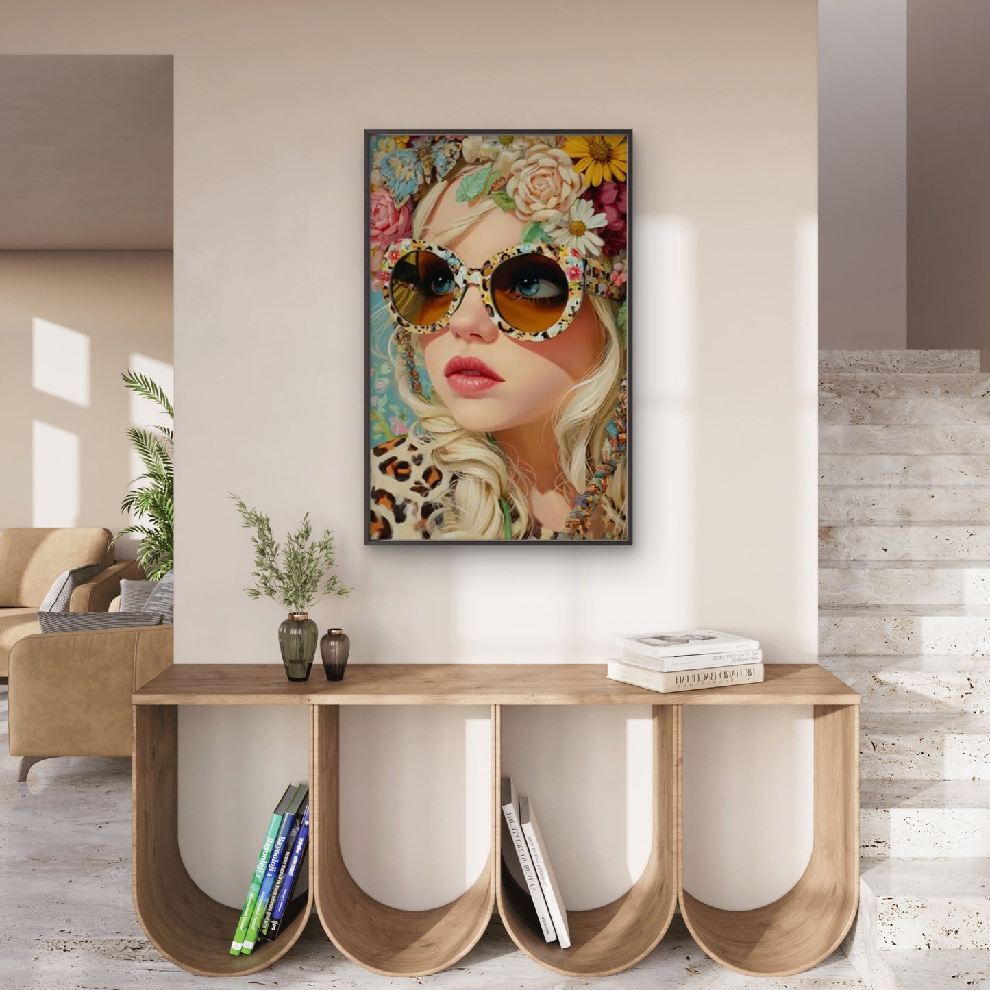 Blonde Woman with Floral Crown and Fashion Glasses Fashion Home Decor Premium Quality Poster Print Choose Your Sizes