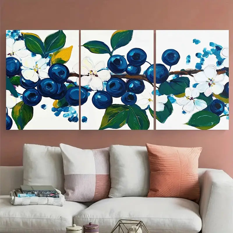 3pcs Bright Blueberries And Flowers Metal Print Ready to Hang Art