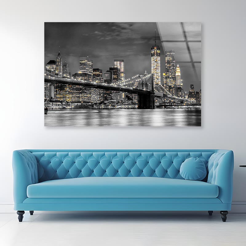 B&W Night City With Lights Acrylic Glass Print Tempered Glass Wall Art 100% Made in Australia Ready to Hang