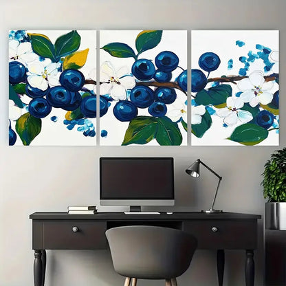 3pcs Bright Blueberries And Flowers Metal Print Ready to Hang Art