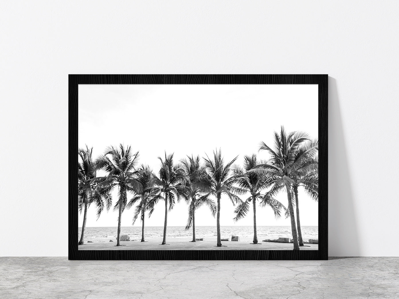 B&W Palm Trees near Beach Photograph Glass Framed Wall Art, Ready to Hang Quality Print Without White Border Black