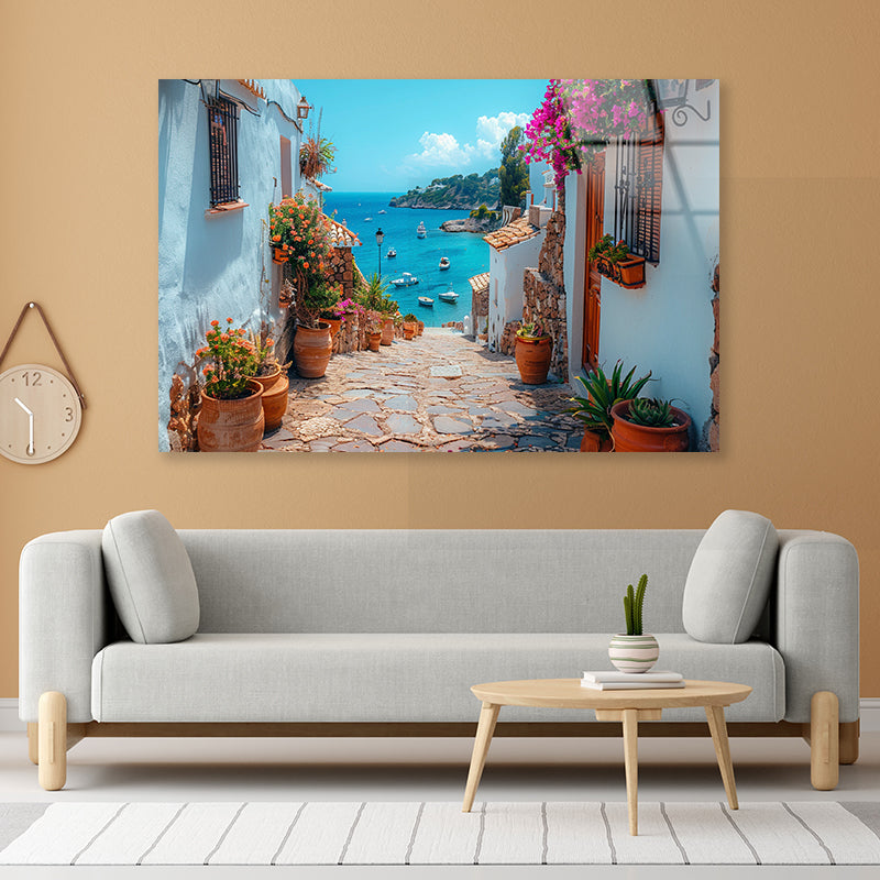 Stone Path with Potted Plants in Spain Acrylic Glass Print Tempered Glass Wall Art 100% Made in Australia Ready to Hang