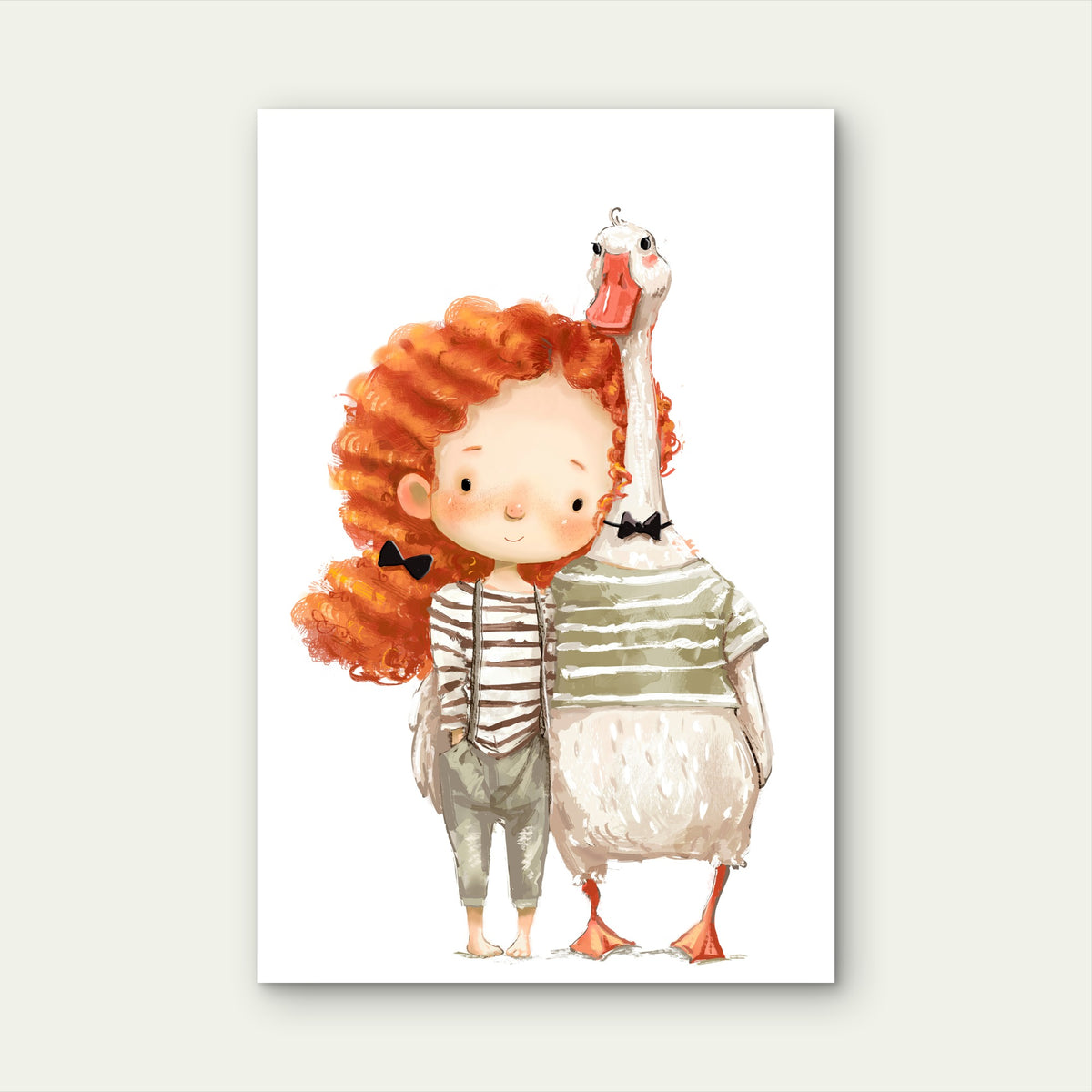 Red Hair Girl and Pet Goose 60x90cm Metal Print Ready to Hang
