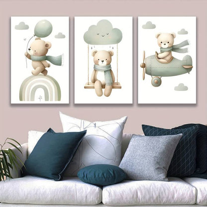 3pcs Charming Cloud Swing an Adorable Bear Metal Print Ready to Hang Art