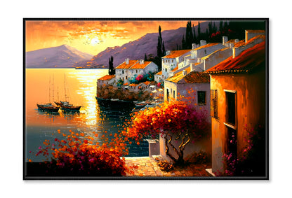 Cityscape With Ocean View Oil Painting Wall Art Limited Edition High Quality Print Canvas Box Framed Black