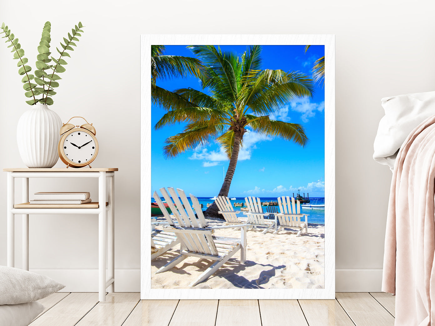 Palm Tree & Beach Chairs on Saona Island View Glass Framed Wall Art, Ready to Hang Quality Print Without White Border White