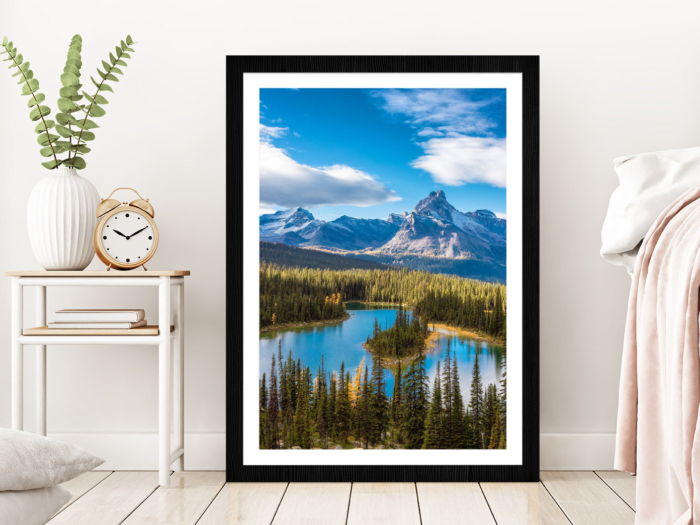 Glacier Lake & Canadian Mountains Glass Framed Wall Art, Ready to Hang Quality Print With White Border Black