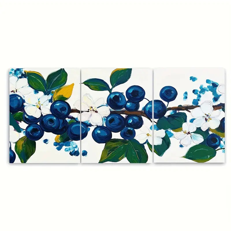 3pcs Bright Blueberries And Flowers Metal Print Ready to Hang Art