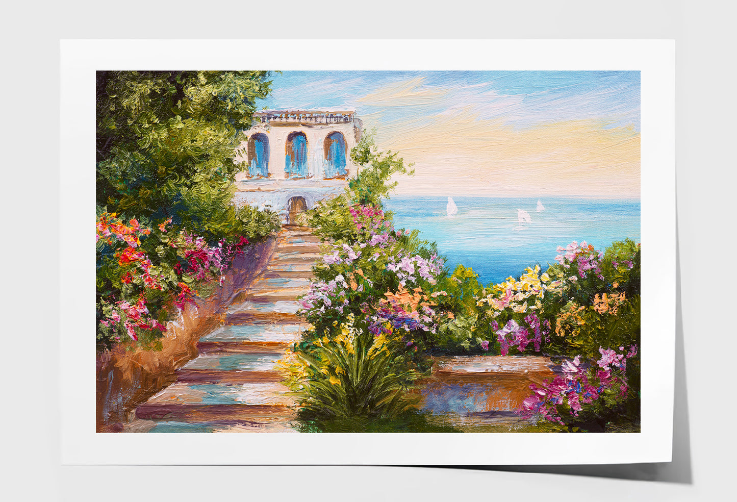 House near the Sea & Colorful Flowers Oil Painting Wall Art Limited Edition High Quality Print Unframed Roll Canvas None