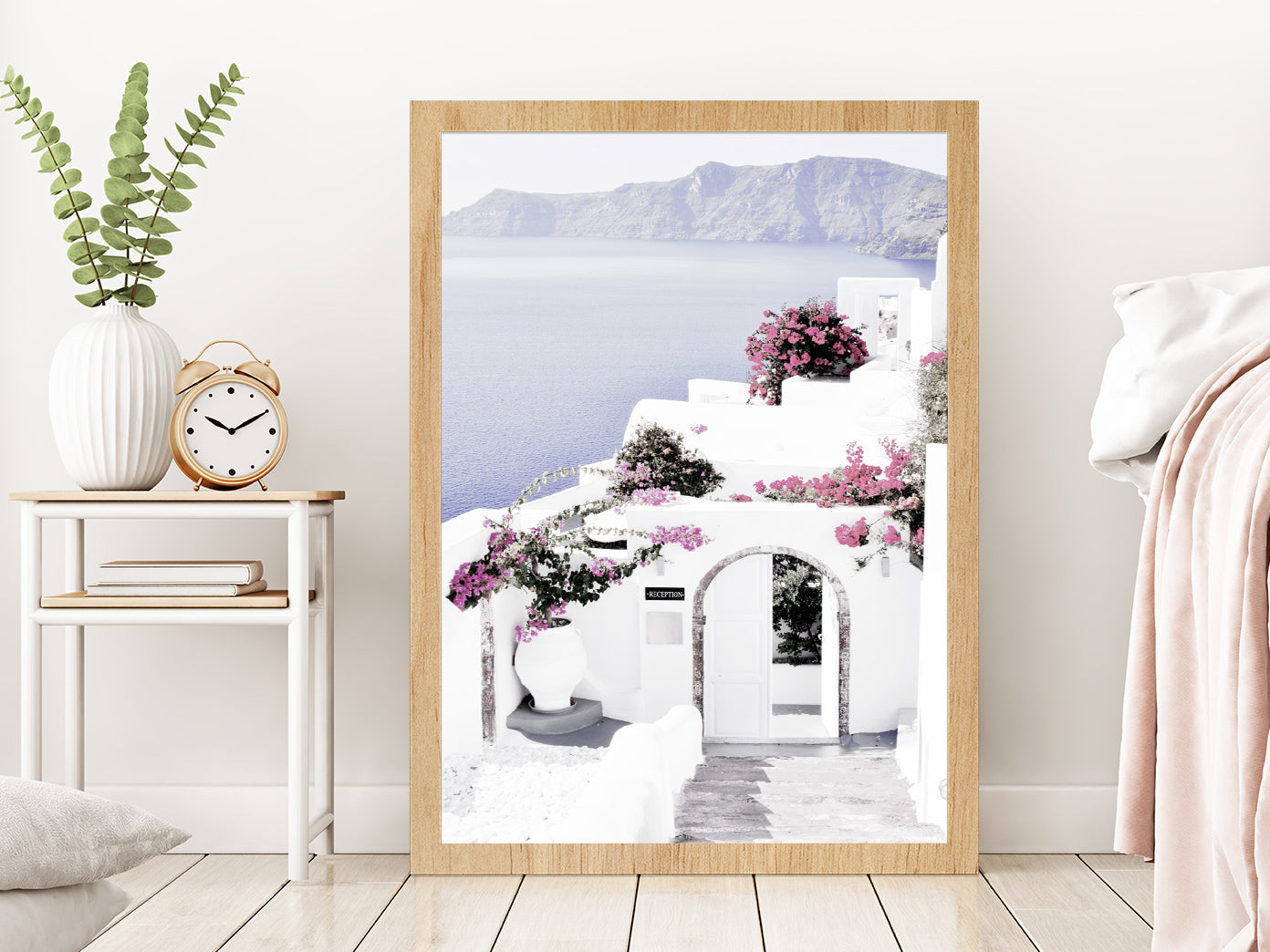 Houses & Flower Trees near Sea Photograph Glass Framed Wall Art, Ready to Hang Quality Print Without White Border Oak