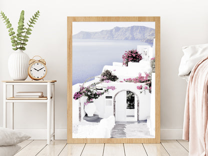 Houses & Flower Trees near Sea Photograph Glass Framed Wall Art, Ready to Hang Quality Print Without White Border Oak