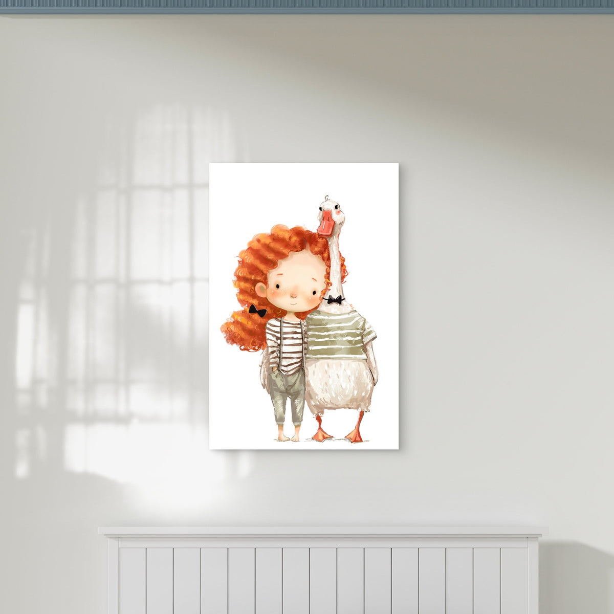 Red Hair Girl and Pet Goose 60x90cm Metal Print Ready to Hang