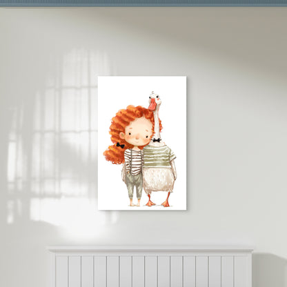 Red Hair Girl and Pet Goose 60x90cm Metal Print Ready to Hang