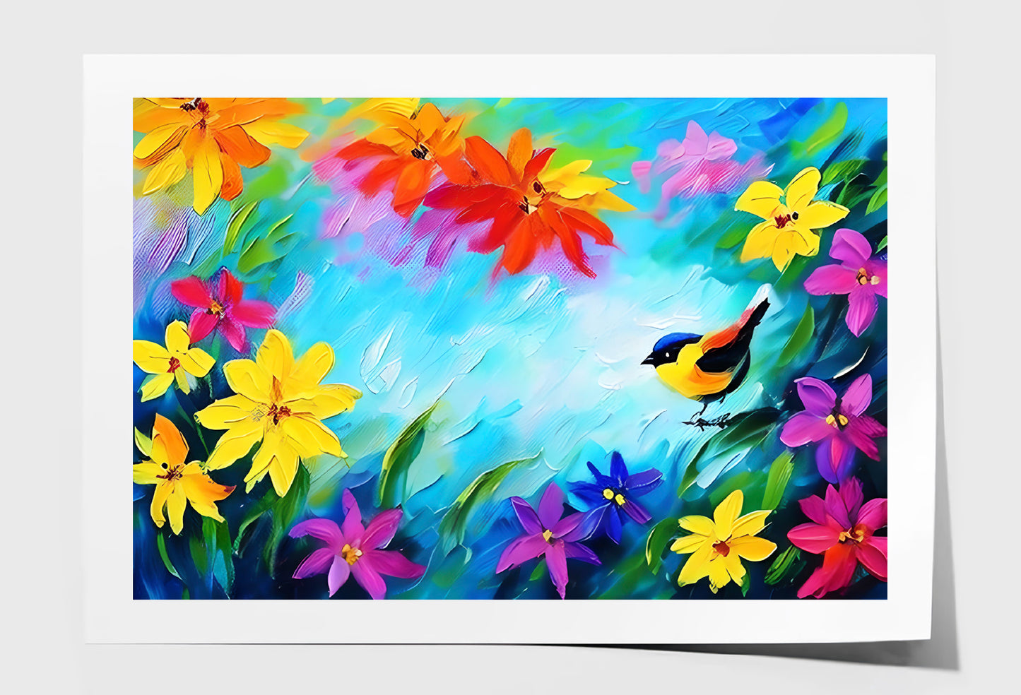 Bird & Spring Colorful Flowers Oil Painting Wall Art Limited Edition High Quality Print Unframed Roll Canvas None