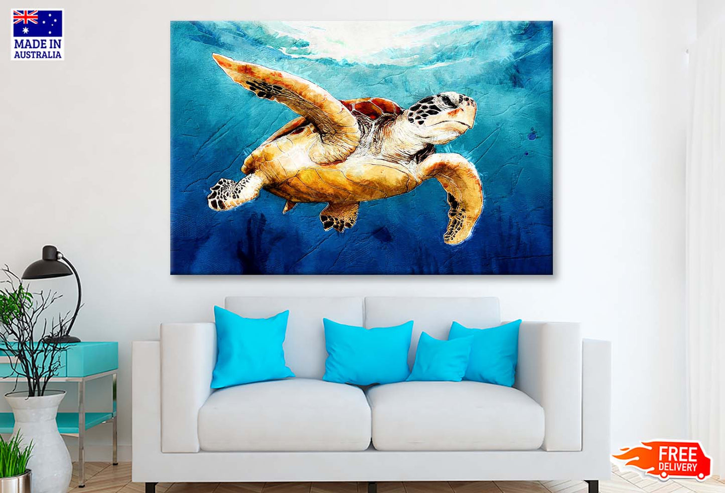 Sea Turtle Floats Watercolor Drawing Wall Art Limited Edition High Quality Print