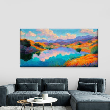Vibrant Mountain Lake Scene Wall Art Canvas Office Home Room Framed 120x60cm