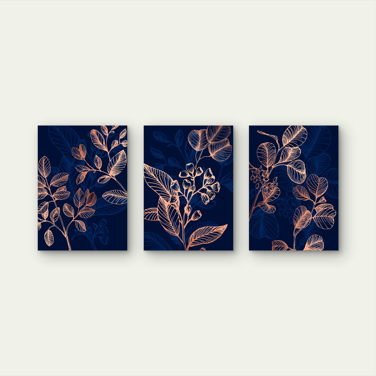3pcs Native Eucalyptus Leaves Navy Rose Gold Wall Art Set Canvas Framed 40x60cm - High Quality Print 100% Australian Made Wall Canvas Ready to Hang