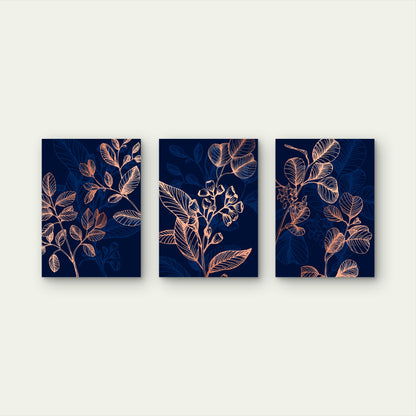 3pcs Native Eucalyptus Leaves Navy Rose Gold Wall Art Set Canvas Framed 40x60cm - High Quality Print 100% Australian Made Wall Canvas Ready to Hang