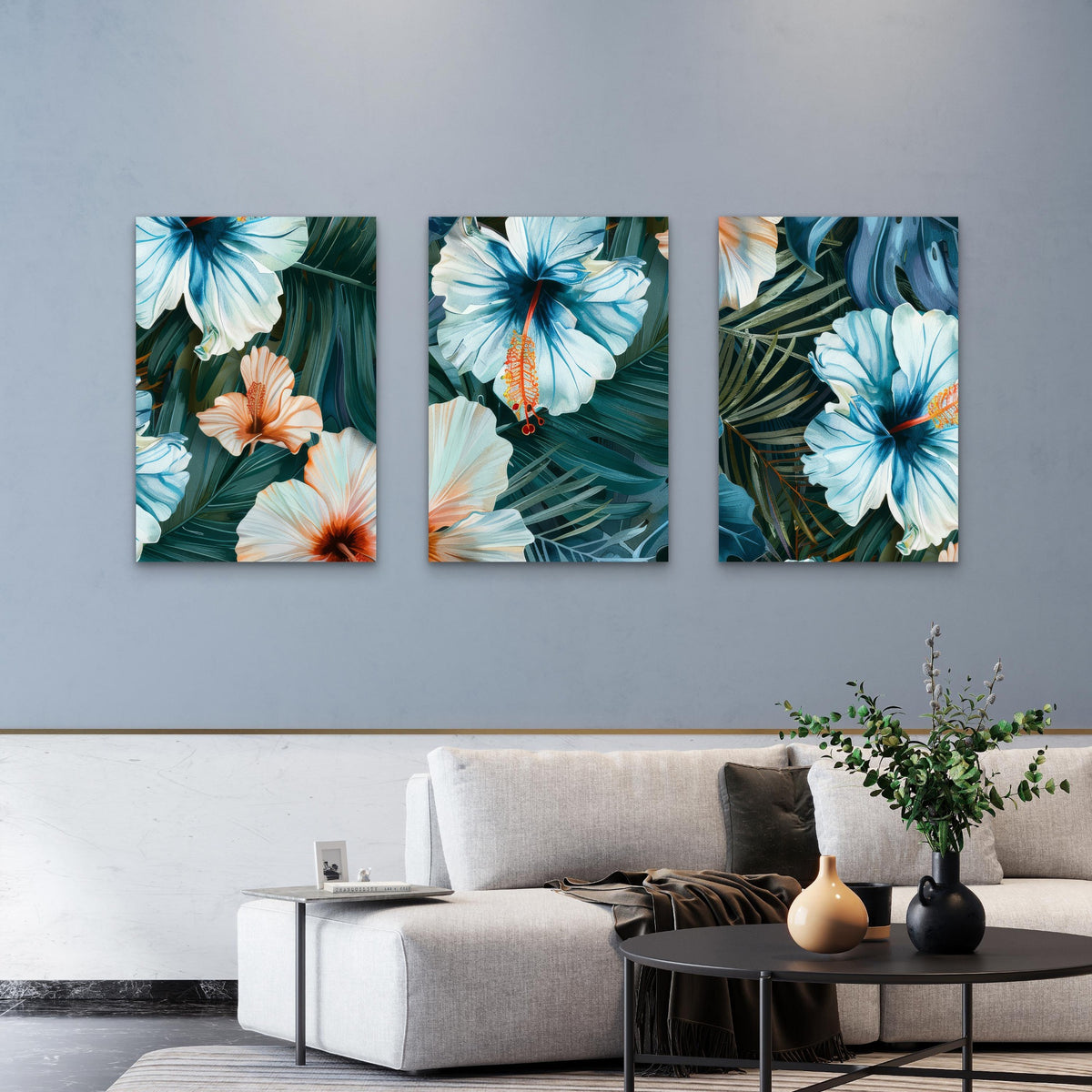 3pcs Modern Dark Teal Hawaiian Hibiscus Flower Triptych Wall Art Set Canvas Framed 40x60cm - High Quality Print 100% Australian Made Wall Canvas Ready to Hang