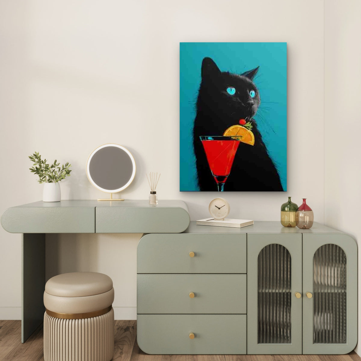 Classic Feline Holding Cherry & Orange Slice Metal Print Ready to Hang