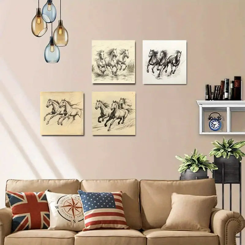 4pcs  Three Horse Racing Scenes GH      Wall Art Canvas Framed