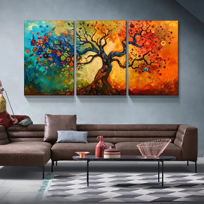 3pcs Tree Of Life & Multicolor Flower Metal Print Ready to Hang Art
