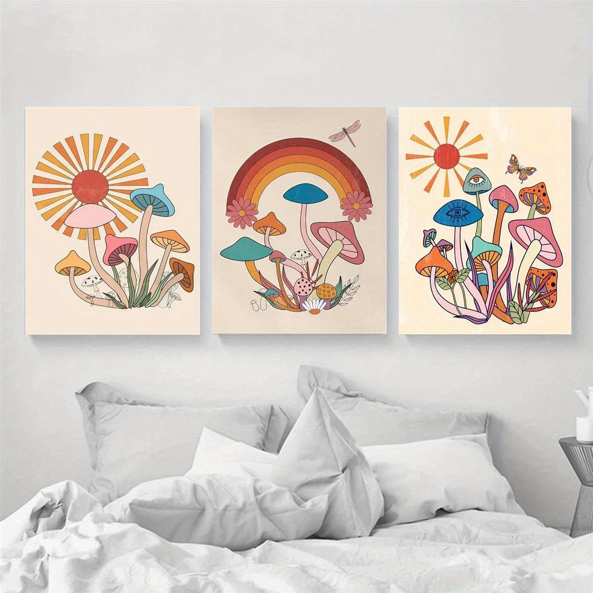 3pcs Mushroom Art, Boho, Bohemian Style Metal Print Ready to Hang Art