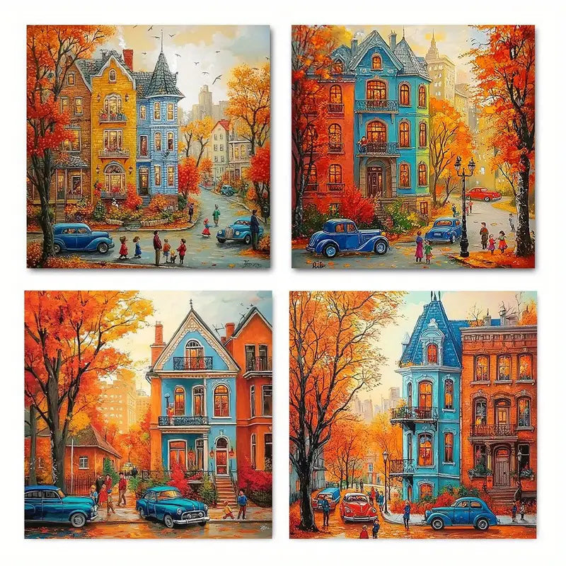 4pcs Leaves & Vintage Architecture Wall Art Canvas Framed