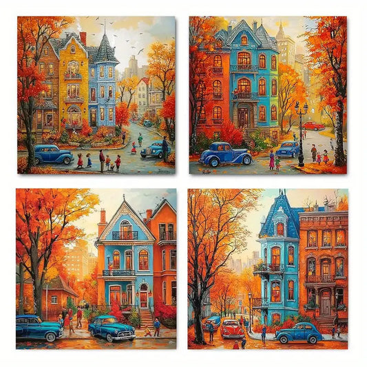 4pcs Leaves & Vintage Architecture Wall Art Canvas Framed