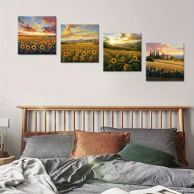 4pcs Sunflower Fields, Mountain Scenes  Wall Art Canvas Framed