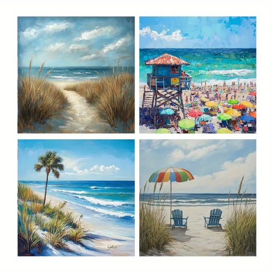 4pcs Beach Lounge Chair Wall Art Canvas Framed