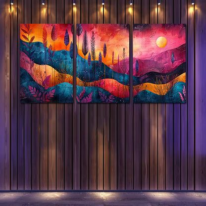 3pcs Abstract Landscape with Trees and Sun Wall Art Set Canvas Framed 40x60cm - High Quality Print 100% Australian Made Wall Canvas Ready to Hang