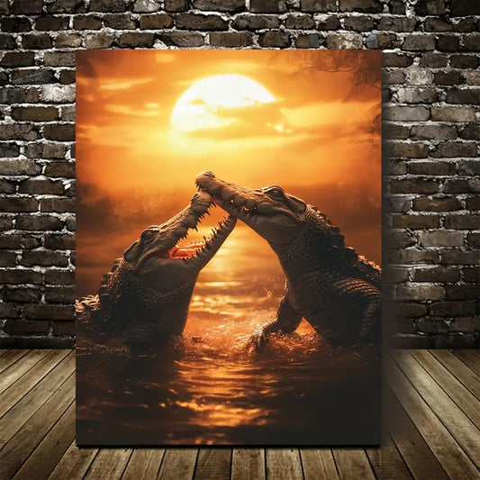 Dreamlike Crocodile Sunset Scene Playful 40x60cm Metal Print Ready to Hang