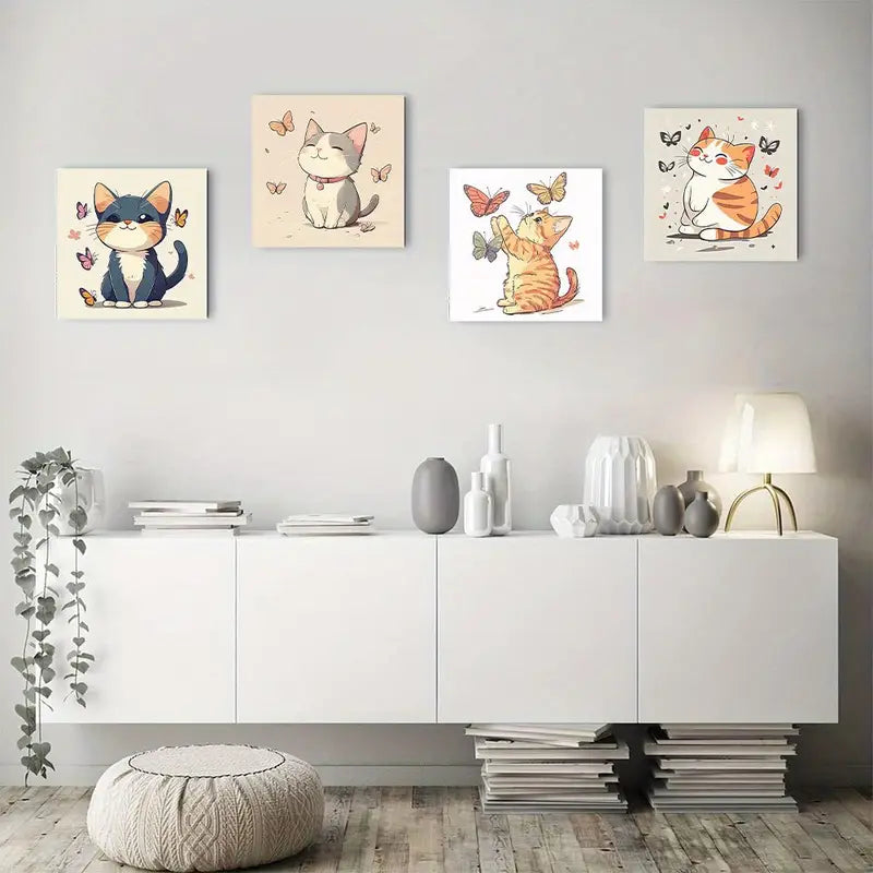 4pcs Vintage Abstract Cat & Butterfly  Wall Art Canvas Framed