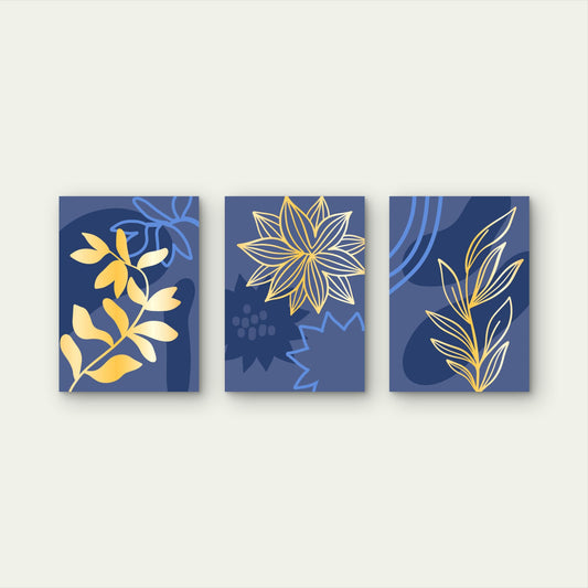 3pcs Abstract Botanical Floral Navy Gold Wall Art Set Canvas Framed 50x70cm - High Quality Print 100% Australian Made Wall Canvas Ready to Hang