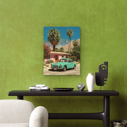 Retro Green Car Pink House Palm Trees 60x90cm Metal Print Ready to Hang