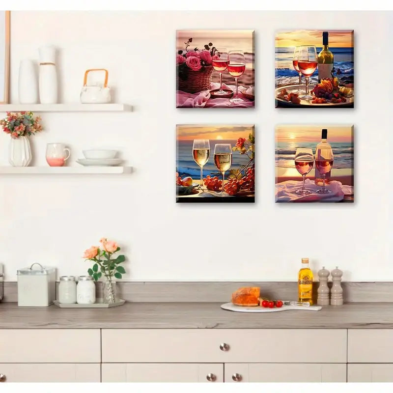 4pcs Wine Glass Still Life Fruit Goblet Sea Wall Art Canvas Framed