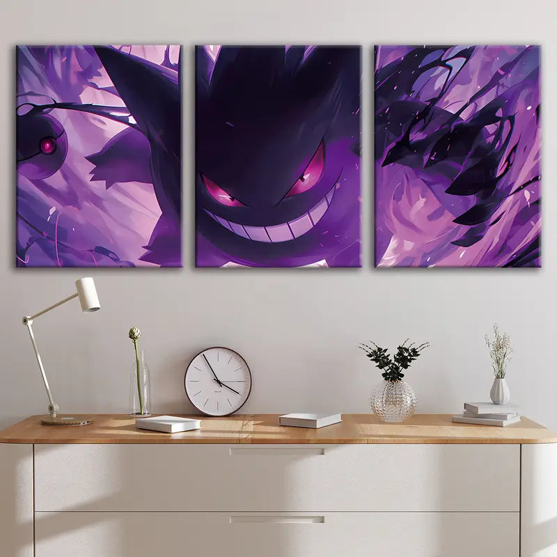 3pcs Pocket Elf & Gastly Pet Fight Anime Wall Art Set Canvas Framed 50x70cm - High Quality Print 100% Australian Made Wall Canvas Ready to Hang