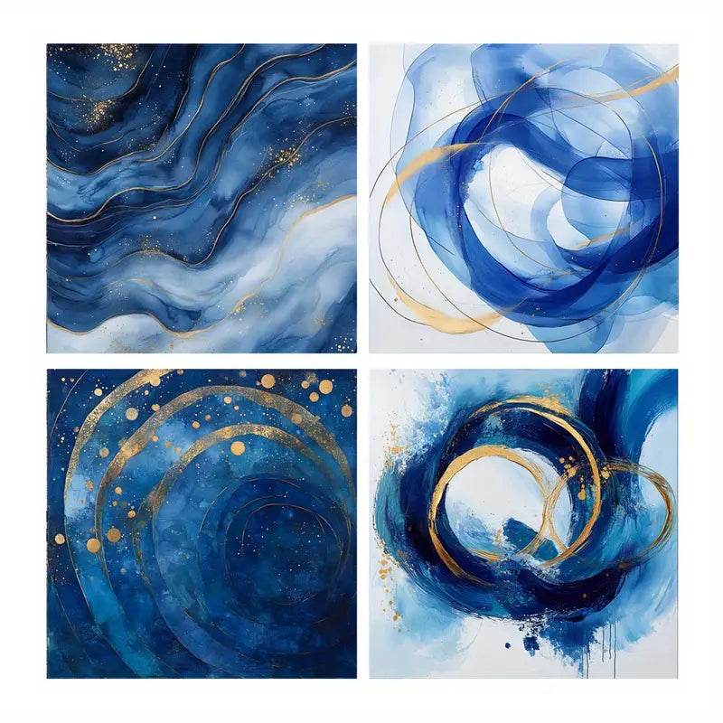 4pcs Gold Accents Art Prints, Blue Tones Wall Art Canvas Framed