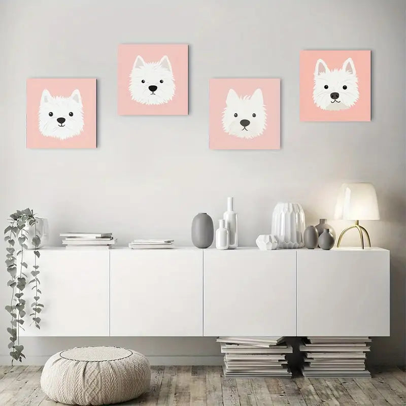 4pcs Adorable White Dog Art Prints Wall Art Canvas Framed